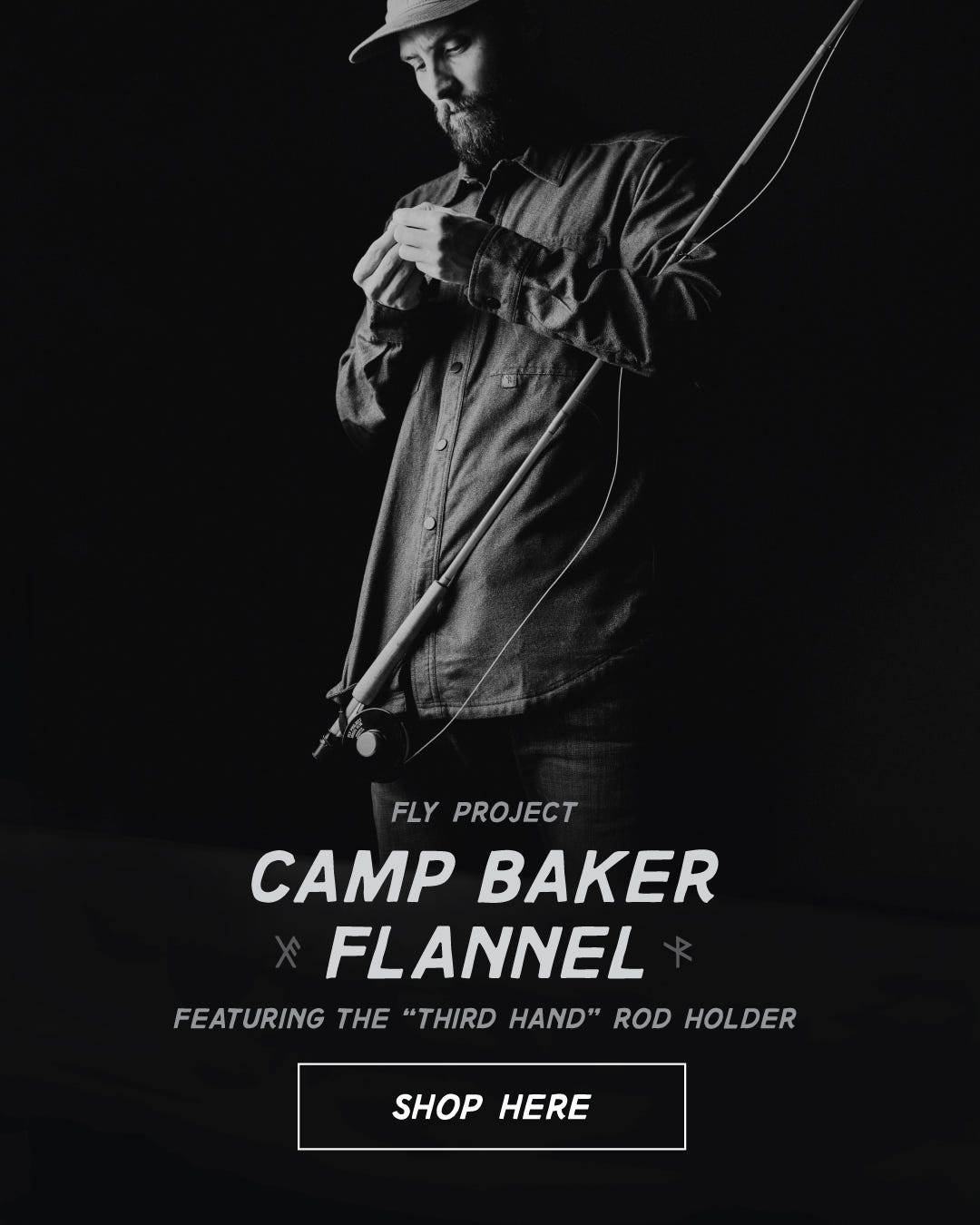 Introducing the Fly Project Camp Baker Flannel, featuring the "third hand" rod holder